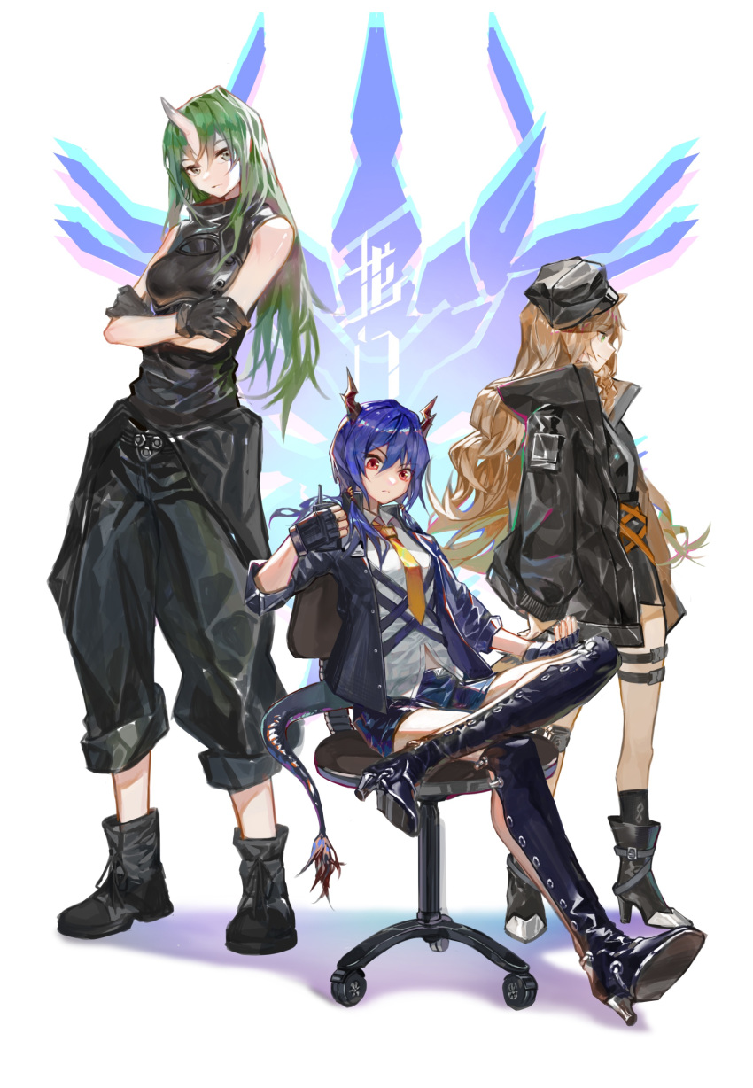 3girls absurdres arknights armor bare_arms black_footwear black_gloves black_headwear black_jacket black_pants blue_hair blue_jacket blue_shorts boots breastplate ch'en_(arknights) chair clay_(clayjun) closed_mouth clothes_around_waist collared_shirt commentary_request crossed_arms dragon_horns fingerless_gloves full_body gloves green_eyes green_hair hat high_heel_boots high_heels highres holding_walkie-talkie horns hoshiguma_(arknights) jacket jacket_around_waist long_hair looking_at_viewer multiple_girls necktie office_chair oni_horns open_clothes open_jacket orange_hair pants red_eyes shirt shorts single_horn sitting swire_(arknights) thigh_boots thigh_strap thighhighs twintails v-shaped_eyebrows walkie-talkie white_background white_shirt yellow_neckwear