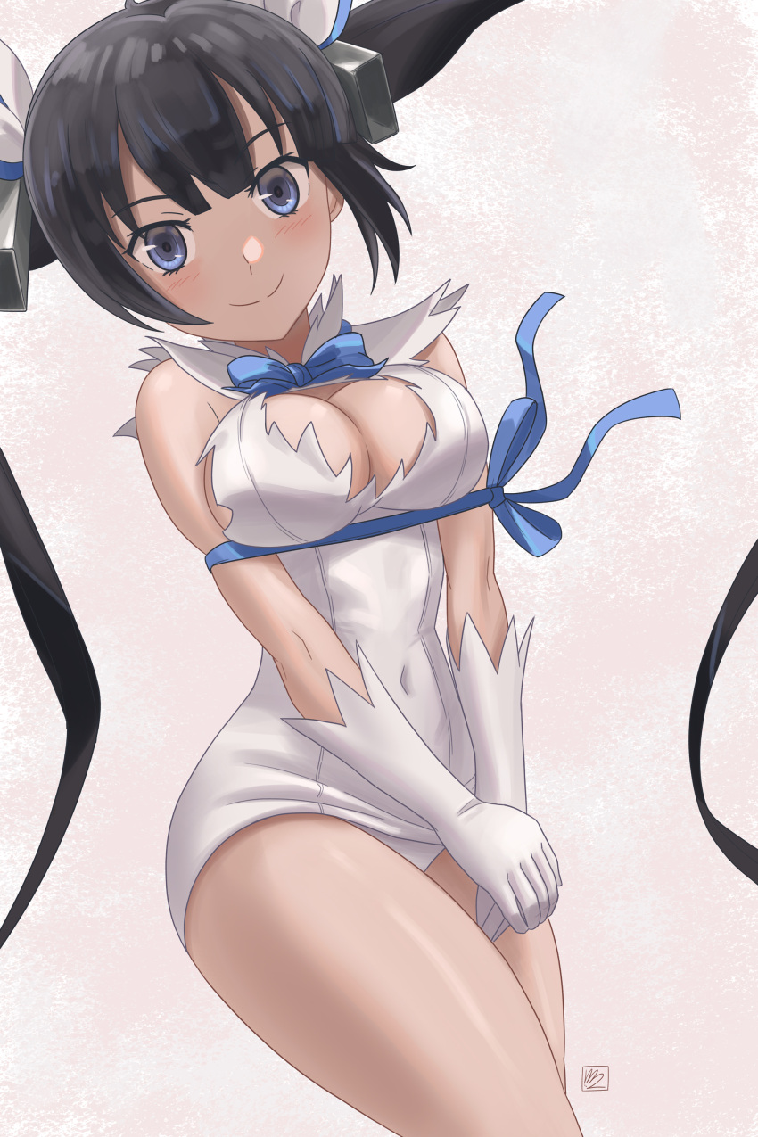 1girl absurdres accidental_exposure bangs bare_shoulders bell black_hair blue_bow blue_eyes blue_neckwear blunt_bangs blush bow bowtie breasts cleavage cleavage_cutout closed_mouth clothing_cutout conejologia covered_navel cowboy_shot dress dungeon_ni_deai_wo_motomeru_no_wa_machigatteiru_darou_ka elbow_gloves gloves hestia_(danmachi) highres jumping large_breasts long_hair looking_at_viewer panties pantyshot pencil_dress rei_no_himo short_dress sideboob simple_background sleeveless sleeveless_dress smile solo thighs tight tight_dress twintails underwear v_arms very_long_hair white_dress