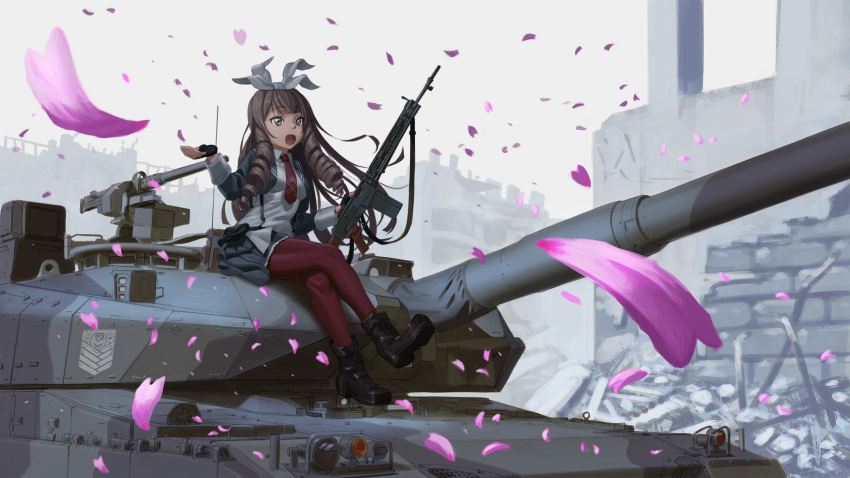 1girl battle_rifle breasts brown_eyes brown_hair commentary_request day drill_hair flower girls'_frontline ground_vehicle gun hair_ribbon highres hironii_(hirofactory) howa_type_64 howa_type_64_(girls'_frontline) machine_gun military military_vehicle motor_vehicle necktie open_mouth ribbon rifle ruins shirt skirt sky smile solo tank twin_drills type_10_(tank) weapon
