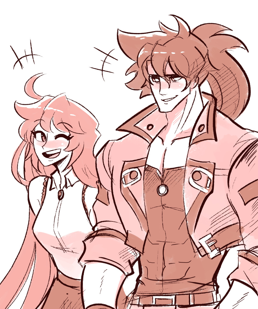 1boy 1girl absurdres ankh aria_(guilty_gear) belt breasts brown_hair covered_abs fingerless_gloves forehead_protector gloves greyscale guilty_gear guilty_gear_strive guilty_gear_xrd hair_between_eyes headband highres jack-o'_valentine long_hair monochrome muscular muscular_male ponytail red_hair scruffyturtles simple_background smile sol_badguy studded_belt very_long_hair yellow_eyes