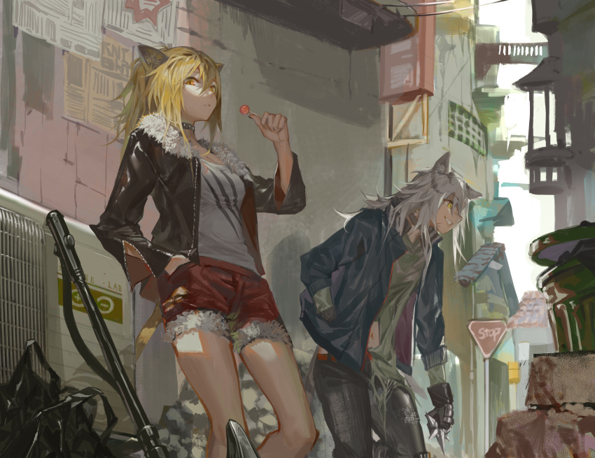 2girls absurdres alley animal_ears arknights bare_legs black_gloves black_jacket black_pants blonde_hair blue_jacket breasts building candy cat_ears clay_(clayjun) cleavage commentary_request english_text feet_out_of_frame food fur-trimmed_shorts fur_trim gloves green_shirt grey_hair hand_in_pocket hand_up highres holding holding_candy holding_food holding_lollipop indra_(arknights) jacket leaning_forward leather leather_jacket lion_ears lollipop long_hair long_sleeves looking_at_viewer looking_away midriff multicolored_hair multiple_girls navel open_clothes open_jacket outdoors pants poster_(object) red_shorts rhine_lab_logo road_sign shirt shorts siege_(arknights) sign spiked_knuckles stop_sign streaked_hair studded_choker trash_can war_hammer weapon white_shirt yellow_eyes
