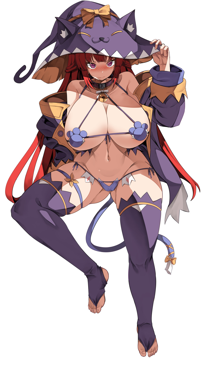 1girl absurdres blush book breasts cleavage coat collar hat highres huge_breasts last_origin long_hair looking_at_viewer navel pubic_tattoo purple_eyes red_hair simple_background sitting solo string_bikini swimsuit t-3_leprechaun tail tattoo thigh_strap thighhighs very_long_hair white_background wide_sleeves witch_hat yume_no_hana_(sbac0019)