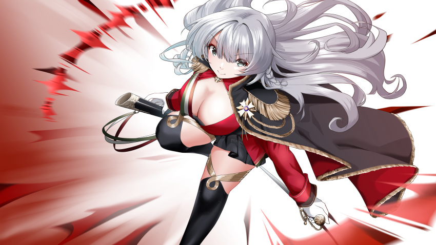 1girl absurdres aiguillette azur_lane black_cape black_legwear black_skirt braid breasts cape cleavage epaulettes eyebrows_visible_through_hair gloves highres holding holding_sheath jacket large_breasts leg_up long_hair medal miniskirt pleated_skirt red_cape red_jacket sheath silver_eyes silver_hair skirt solo thighhighs two-tone_cape unsheathed vittorio_veneto_(azur_lane) white_gloves winterfall_(artenh) zettai_ryouiki