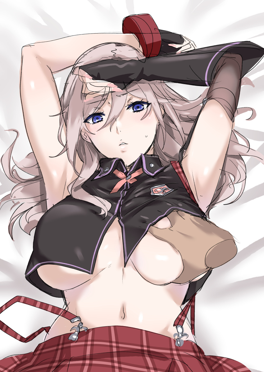 1girl absurdres alisa_ilinichina_amiella armpits arms_up bangs bed_sheet black_gloves blue_eyes breast_grab breasts disembodied_limb eyebrows_visible_through_hair fingerless_gloves gloves god_eater god_eater_burst grabbing highres large_breasts long_hair looking_at_viewer lying navel on_back silver_hair skirt slept_(re_mix) suspender_skirt suspenders underboob