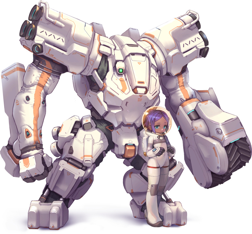 1girl astronaut blue_eyes coco_mercury dark-skinned_female dark_skin fishbowl_helmet flat_chest full_body highres kakiman last_origin looking_at_viewer mecha official_art purple_hair robot short_hair skindentation smile space_helmet spacesuit tachi-e transparent_background whiteshell