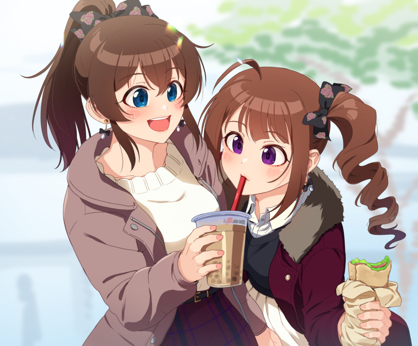 2girls ahoge belt black_belt black_ribbon black_sweater blue_eyes blurry blurry_background brown_hair bubble_tea closed_mouth coat commentary cup day disposable_cup dress_shirt drill_hair drinking earrings eyebrows_visible_through_hair food fur-trimmed_coat fur_trim grey_coat hair_ribbon high-waist_skirt holding holding_food idolmaster idolmaster_million_live! jewelry kamille_(vcx68) leaning_forward long_sleeves looking_at_another medium_hair multiple_girls open_clothes open_coat open_mouth outdoors pleated_skirt ponytail purple_eyes red_coat red_skirt ribbon satake_minako sharing_food shirt side_drill side_ponytail skirt smile standing sweater white_shirt white_skirt white_sweater wing_collar yokoyama_nao