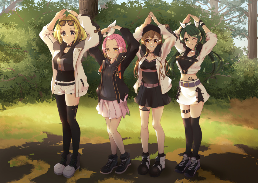 4girls :3 absurdres ankle_socks anzo_(anzu_elichi0928) arms_up asymmetrical_legwear bangs bangs_pinned_back black_choker black_footwear black_hoodie black_legwear black_shirt black_skirt blonde_hair blue_eyes blue_sky blush body_writing bodystocking bow breasts brown_eyes brown_hair bush choker cleavage closed_mouth collarbone colored_tips commentary_request cropped_jacket d4dj day drawstring embarrassed eyebrows_visible_through_hair eyewear_on_head full_body fur-trimmed_jacket fur_trim gradient_hair grass green_eyes green_hair grin hair_between_eyes hair_bow hair_intakes hair_ribbon hat highres hood hood_down hooded_jacket hoodie inuyose_shinobu jacket looking_at_viewer medium_breasts midriff multicolored_hair multiple_girls navel one_eye_closed open_clothes open_jacket outdoors partial_commentary partially_unzipped photo-referenced pink_hair pink_skirt pleated_skirt pose purple_belt ribbon sasago_jennifer_yuka shimizu_esora shirt shoes short_hair short_shorts shorts skindentation skirt sky sleeves_rolled_up small_breasts smile sneakers standing sunglasses teeth thigh_strap thighhighs tree twintails white_bow white_choker white_footwear white_headwear white_jacket white_ribbon white_shorts white_skirt wristband yamate_kyouko zettai_ryouiki zipper zipper_pull_tab