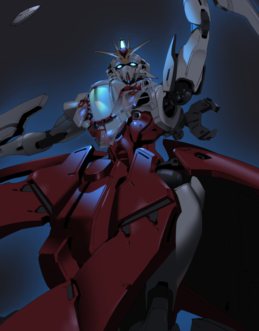 after_war_gundam_x blue_eyes cropped flying glowing glowing_eyes gundam gundam_double_x highres holding japanese_clothes looking_up mecha mechanical_wings miko mobile_suit no_humans redesign solo v-fin wings zhu_fun