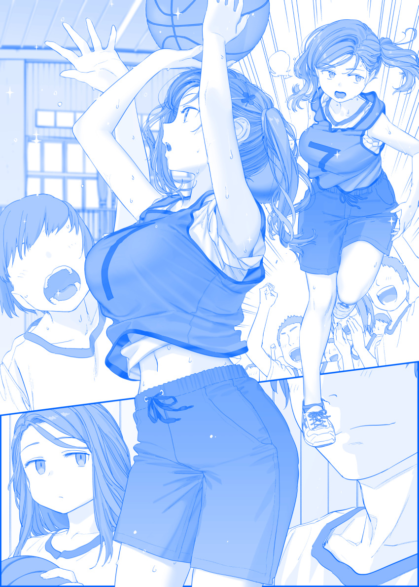 2girls basketball basketball_jersey blue_theme blush breasts clover_hair_ornament collarbone commentary_request expressionless faceless faceless_male four-leaf_clover_hair_ornament getsuyoubi_no_tawawa gym_shirt gym_shorts gym_uniform hair_ornament highres himura_kiseki jumping large_breasts light_smile midriff multiple_girls navel open_mouth shirt shoes shorts siblings side_ponytail sisters sleeves_rolled_up sparkle sweat twins