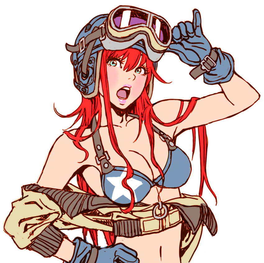 1girl :o aqua_eyes armpits bangs bare_shoulders bikini bikini_under_clothes blue_bikini blue_gloves blush breasts cleavage crop_top cropped_jacket flat_color gloves goggles goggles_on_headwear hair_between_eyes hand_on_hip hand_up helmet highres jacket lipstick long_hair long_sleeves looking_at_viewer makeup medium_breasts midriff navel o-ring o-ring_bikini o-ring_top off_shoulder open_mouth original pink_lips pinky_out red_hair simple_background sketch solo star_(symbol) star_print swimsuit swimsuit_under_clothes teeth unzipped upper_body very_long_hair white_background yamashita_shun'ya zipper