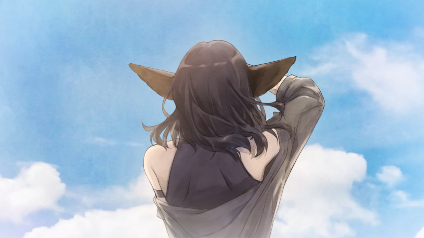 1girl animal_ears arm_up black_hair cloud facing_away fox_ears fox_girl highres kobuta long_hair miho_(please_be_happy) off_shoulder official_art please_be_happy sky solo