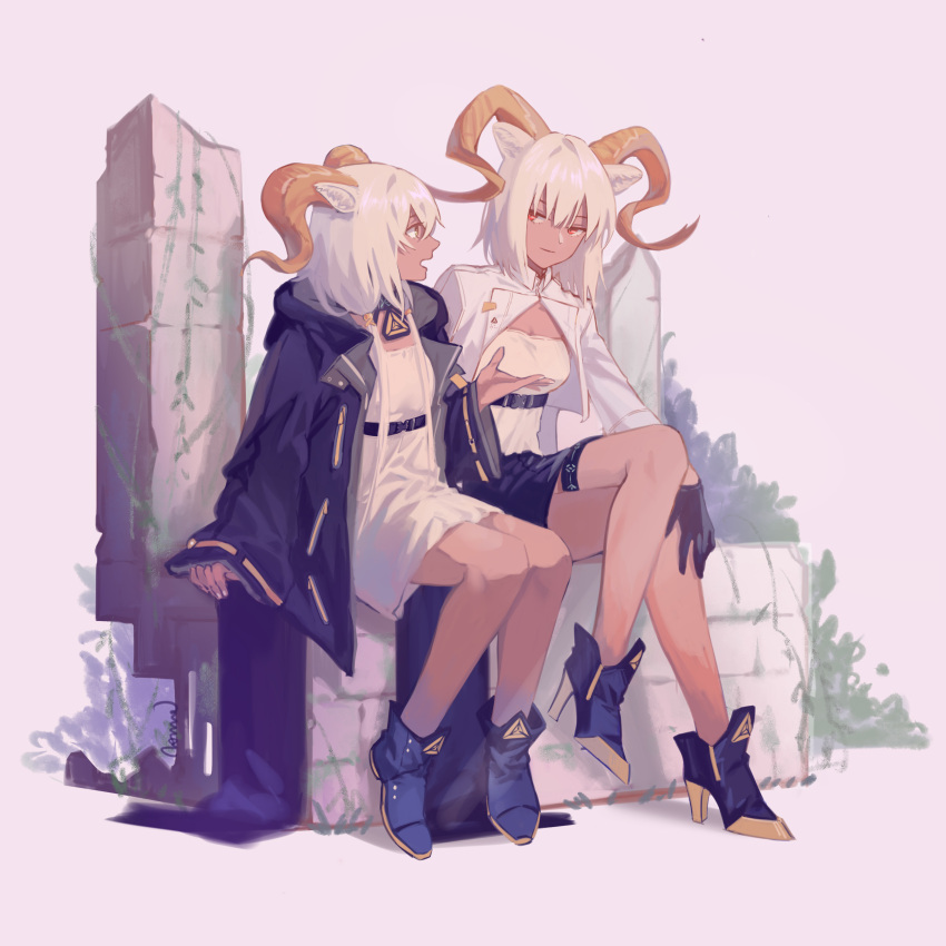 2girls absurdres animal_ears arknights bare_legs beeswax_(arknights) black_gloves black_jacket black_legwear black_skirt carnelian_(arknights) chest_strap collar dress gloves goat_ears goat_girl goat_horns hand_up high_heels highres hood hood_down horns infection_monitor_(arknights) jacket long_coat long_sleeves multiple_girls pillar red_eyes short_hair simple_background sitting sitting_on_object skirt smile talking towne underbust white_background white_dress white_hair white_jacket wide_sleeves yellow_eyes