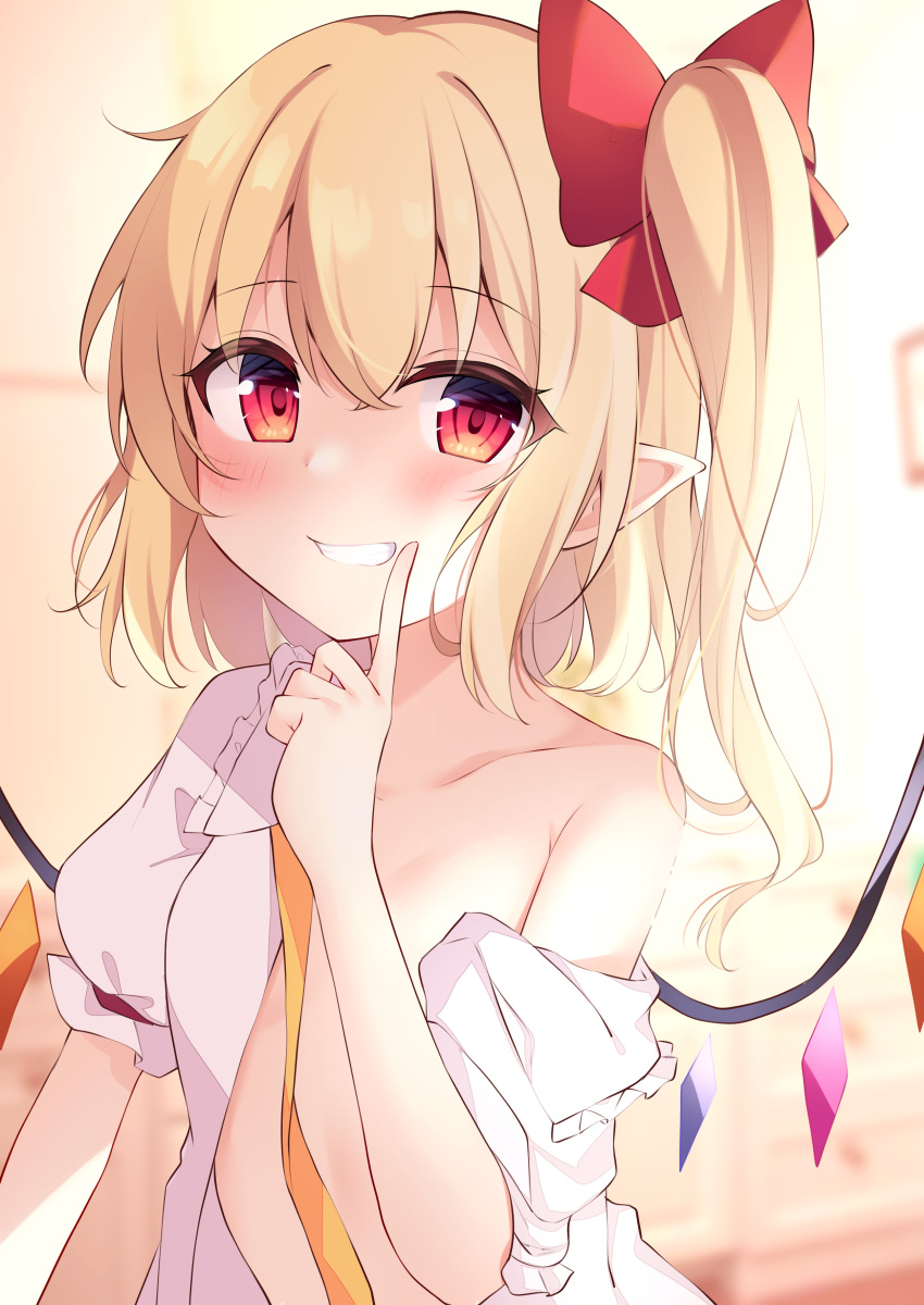 1girl absurdres blonde_hair blush bow clenched_teeth commentary_request crystal eyebrows_visible_through_hair flandre_scarlet flat_chest hair_bow highres index_finger_raised long_hair looking_at_viewer miy@ pointy_ears red_bow red_eyes shirt short_sleeves side_ponytail smile solo teeth touhou upper_body white_shirt wings