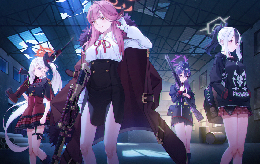 4girls aru_(blue_archive) backpack bag barrel black_hair blue_archive dress fur_trim gloves gun hair_ornament halo hand_up hands_in_pocket haruka_(blue_archive) hat holding holding_gun holding_weapon hood hoodie indoors jacket jacket_on_shoulders jewelry kayoko_(blue_archive) long_hair multicolored_hair multiple_girls mutsuki_(blue_archive) necklace over_shoulder pink_hair pipes ponytail purple_eyes purple_hair red_dress standing streaked_hair thigh_strap twintails two-tone_hair unjem very_long_hair warehouse weapon white_gloves white_hair yellow_eyes