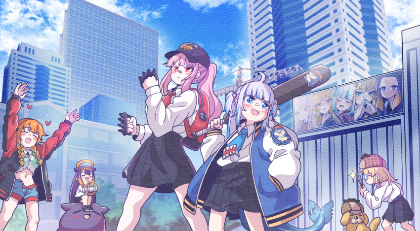 2others 5girls backpack bag bandaid bandaid_on_nose bangs baseball_bat baseball_cap billboard black_headwear black_skirt blonde_hair bloop_(gawr_gura) blue_eyes blue_neckwear blunt_bangs blush braid brass_knuckles bubba_(watson_amelia) building city closed_eyes cloud collared_shirt cosplay day death-sensei_(mori_calliope) deerstalker denim denim_shorts dog english_commentary feet_out_of_frame fish_tail gawr_gura glasses grey_hair halo hat heart highres hololive hololive_english jacket kunio-kun_series kyoko_(kunio-kun) kyoko_(kunio-kun)_(cosplay) letterman_jacket long_hair long_sleeves magnifying_glass medium_skirt misako_(kunio-kun) misako_(kunio-kun)_(cosplay) monja_(monja0521) mori_calliope multiple_girls multiple_others multiple_sources necktie ninomae_ina'nis orange_hair outdoors pink_hair pleated_skirt ponytail purple_hair red_bag red_eyes red_neckwear river_city_girls shark_tail sharp_teeth shirt shirt_tucked_in shorts sidelocks sitting skirt sky skyscraper smile spiked_knuckles standing sticker tail takanashi_kiara tako_(ninomae_ina'nis) teeth tree twin_braids watson_amelia weapon white_shirt