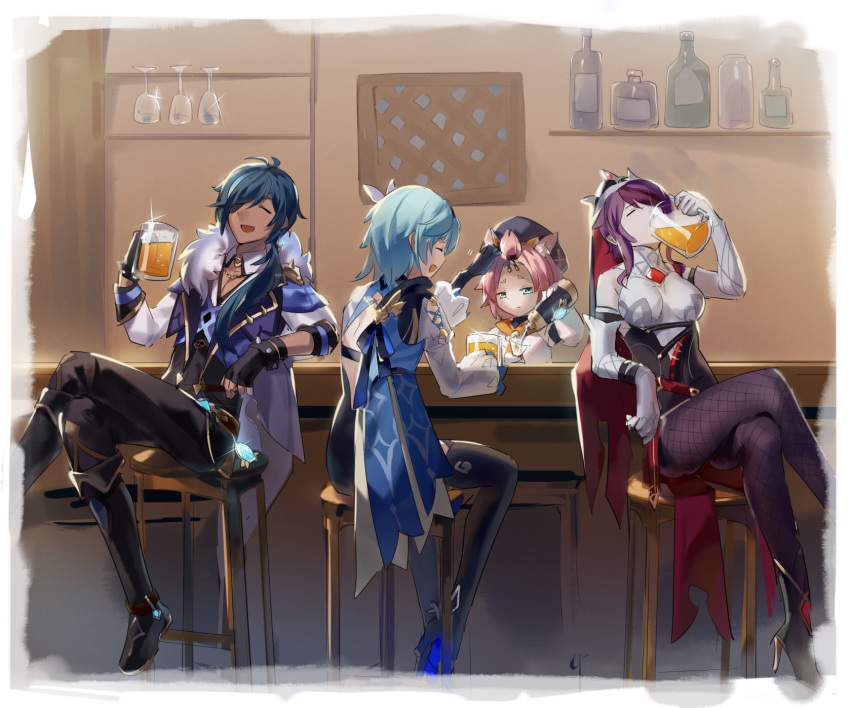 1boy 3girls alcohol animal_ears black_hair breasts cabbie_hat cape cat_ears closed_eyes crossed_legs cup diona_(genshin_impact) drink drinking drinking_glass eula_lawrence eyepatch fishnet_legwear fishnets genshin_impact grape_(pixiv27523889) green_eyes half-closed_eyes hat highres kaeya_alberich long_hair multiple_girls open_mouth pants petting pink_hair pouring purple_hair rosaria_(genshin_impact) side_ponytail sitting smile stool thighhighs veil