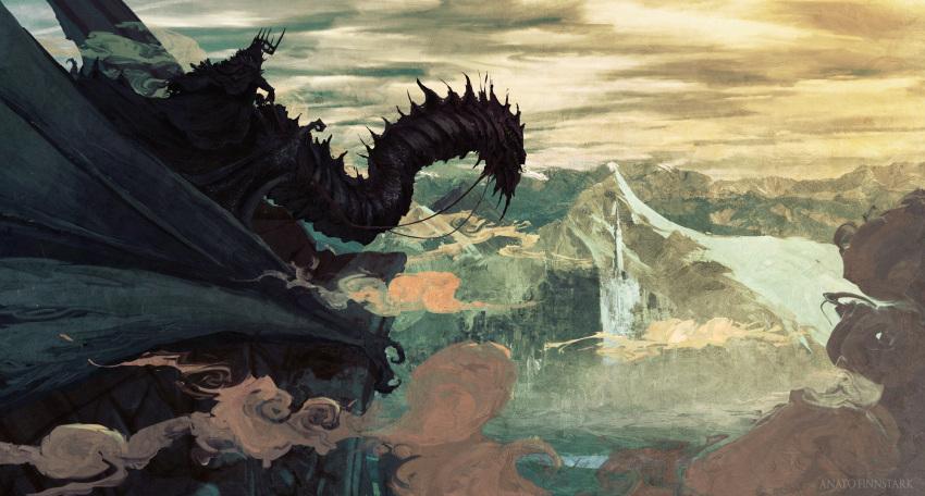 1boy anato_finnstark armor black_cloak city claws cloak cloud cloudy_sky creature crown fellbeast from_side highres legendarium minas_tirith mountain mountainous_horizon nazgul outdoors sky the_lord_of_the_rings wings witch_king_of_angmar