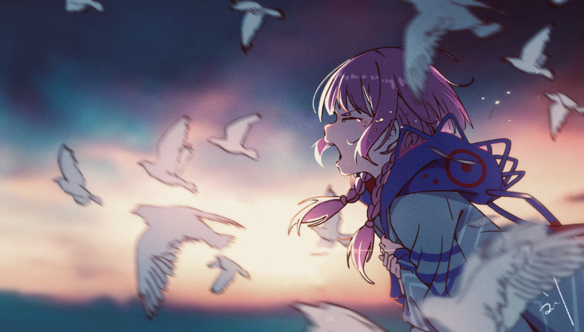 1girl absurdres backlighting bird blurry braid closed_eyes commentary crying depth_of_field dove dusk flock hands_on_own_chest highres hood hood_down hooded_jacket jacket kaf kamitsubaki_studio long_hair long_sleeves low_twin_braids music open_mouth own_hands_together pink_hair profile ryuu_(12151280) signature singing tears twin_braids upper_body virtual_youtuber