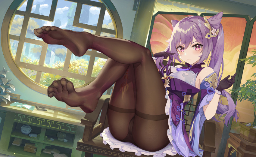 1girl absurdres ass bare_shoulders black_gloves black_panties blue_(9153585) braid brown_legwear cameltoe chair choker detached_sleeves dress feet genshin_impact gloves hair_cones hair_ornament hands_up highres indoors keqing_(genshin_impact) legs legs_up long_hair looking_at_viewer md5_mismatch no_shoes panties panties_under_pantyhose pantyhose purple_dress purple_eyes purple_hair raised_eyebrow short_dress sitting solo thighband_pantyhose twintails underwear