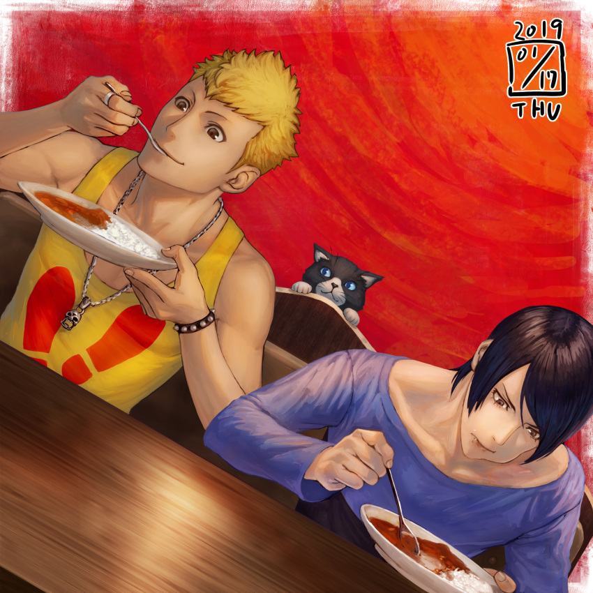 2019 2boys bangs black_hair blonde_hair border cat curry curry_rice dutch_angle eating food highres holding holding_spoon ikeda_(cpt) kitagawa_yuusuke male_focus morgana_(persona_5) multiple_boys persona persona_5 red_background rice sakamoto_ryuuji shiny shiny_hair short_hair spoon swept_bangs white_border