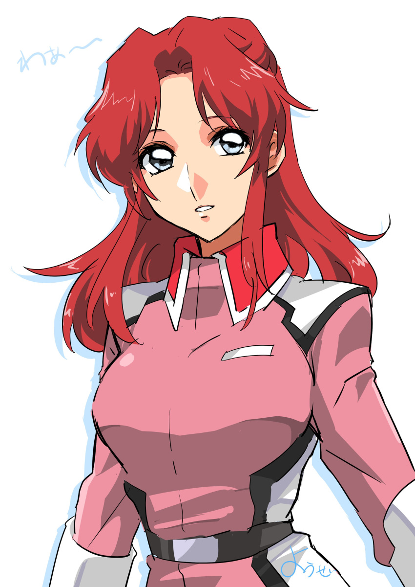 1girl absurdres blue_eyes flay_allster gundam gundam_seed highres jacket long_hair looking_at_viewer military military_uniform parted_lips pink_jacket red_hair shiina_yousei shiny shiny_hair solo standing uniform upper_body white_background wing_collar