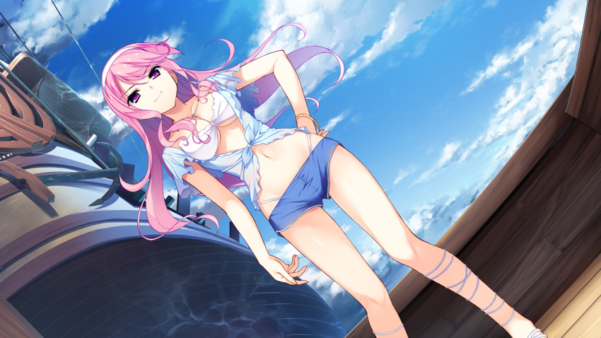 1girl bikini bikini_under_clothes blue_shorts blue_sky bracelet breasts cleavage closed_mouth cloud collarbone day dutch_angle fumio_(ura_fmo) game_cg hairband hand_on_hip hatsuru_koto_naki_mirai_yori jewelry long_hair medium_breasts meltyna micro_shorts midriff navel necklace official_art outdoors pink_hair red_eyes shiny shiny_hair shorts sky smile solo standing stomach swimsuit underboob very_long_hair white_bikini white_hairband