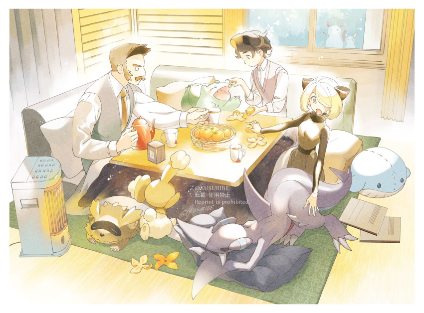 1girl 2boys augustine_sycamore bangs blonde_hair breasts bulbasaur buneary collared_shirt commentary_request cup cynthia_(pokemon) feeding food fruit gabite gen_1_pokemon gen_3_pokemon gen_4_pokemon grey_vest hair_ornament hair_over_one_eye heater holding holding_cup indoors kotatsu kusuribe long_sleeves mug multiple_boys necktie open_mouth orange_(food) pokemon pokemon_(creature) pokemon_(game) pokemon_dppt pokemon_xy rowan_(pokemon) shirt short_hair snowing steam table teapot twitter_username vest wailmer white_shirt window younger zigzagoon