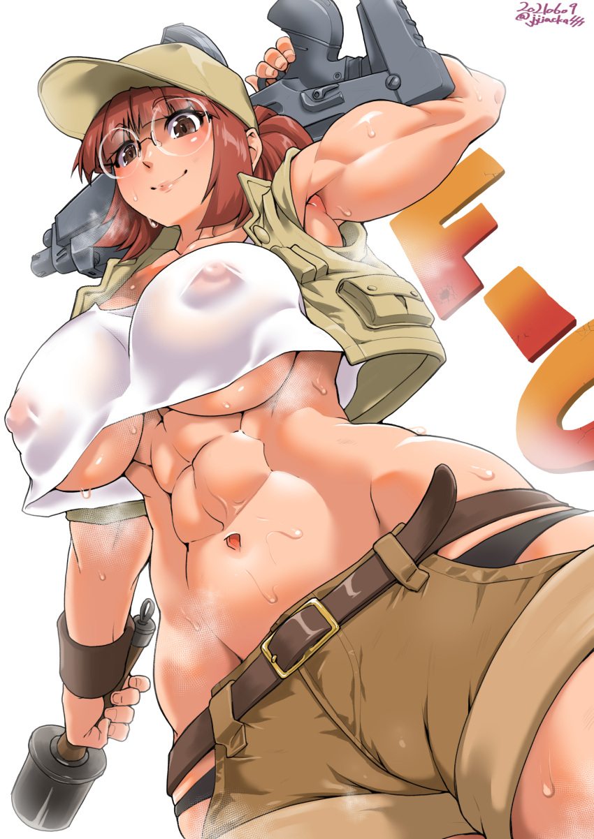 1girl abs armpits bangs baseball_cap belt biceps black_panties blunt_bangs breasts brown_hair brown_shorts character_name covered_nipples crop_top crop_top_overhang dual_wielding explosive eyebrows_visible_through_hair fio_germi flak_jacket glasses grenade gun hat highres hip_vent holding jackasss large_breasts lips metal_slug muscular muscular_female navel nipples no_bra over_shoulder panties rimless_eyewear round_eyewear see-through_shirt shirt shorts sleeveless solo stielhandgranate submachine_gun sweat tank_top underwear vest weapon weapon_over_shoulder wet wet_clothes wet_shirt