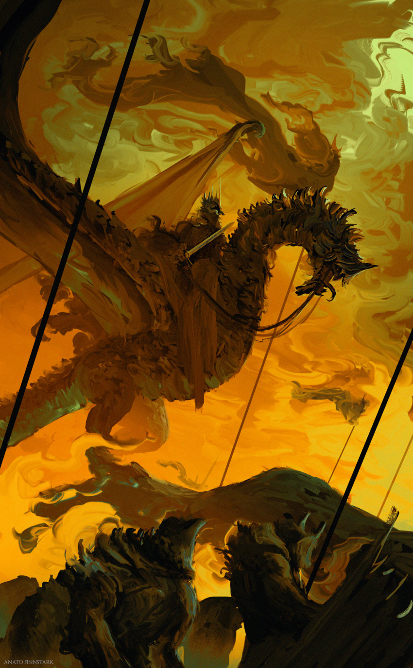 anato_finnstark banner crown fellbeast highres holding holding_sword holding_weapon legendarium nazgul polearm spear sword the_lord_of_the_rings weapon witch_king_of_angmar yellow_theme