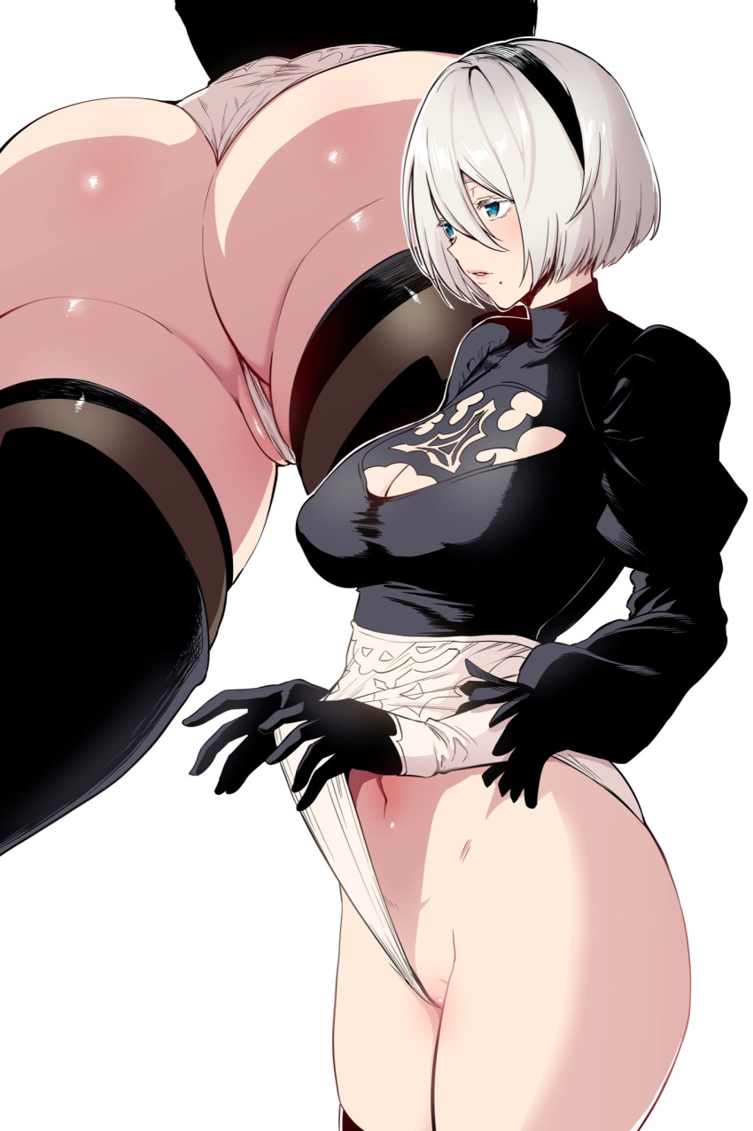 1girl amano_don ass back_cutout black_dress black_gloves black_hairband blue_eyes blush cleavage_cutout clothing_cutout dress feather-trimmed_sleeves feather_trim from_below gloves hairband highleg highleg_leotard highres juliet_sleeves leotard leotard_pull long_sleeves mole mole_under_mouth multiple_views navel nier_(series) nier_automata no_blindfold parted_lips partially_visible_vulva puffy_sleeves pulled_by_self silver_hair standing thighhighs thong_leotard vambraces wedgie white_hair white_leotard yorha_no._2_type_b