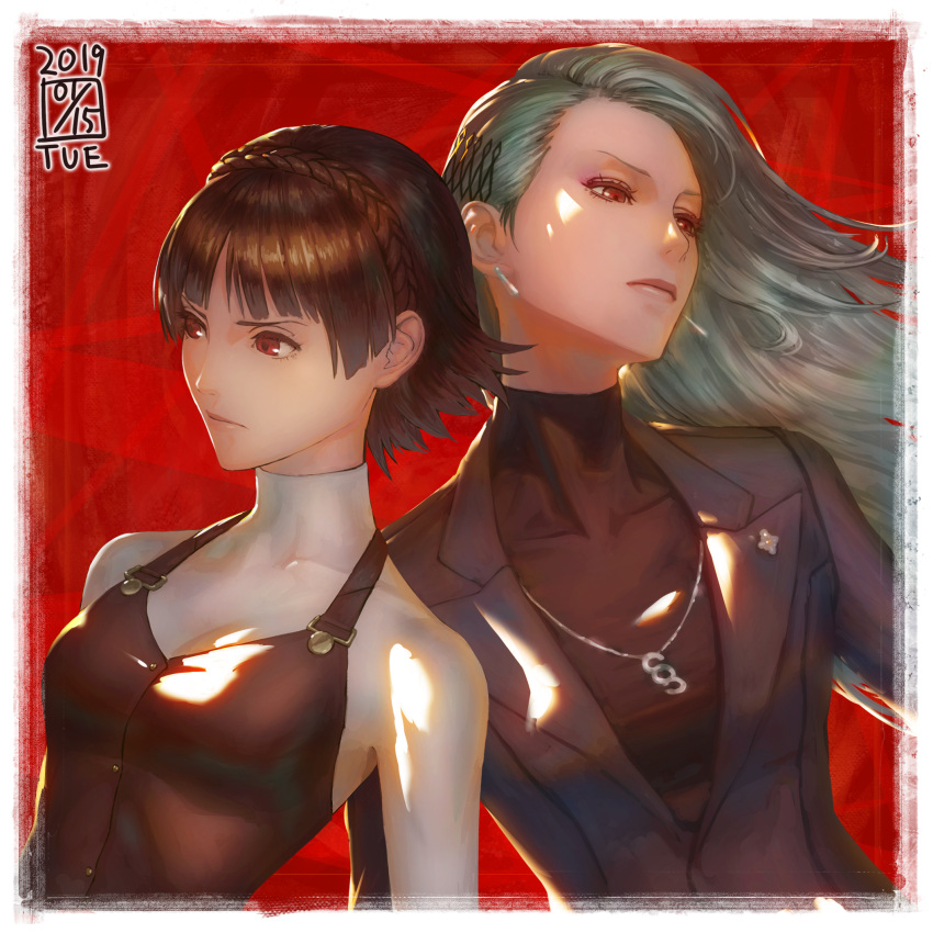 2019 2girls black_shirt border braid brown_hair closed_mouth crown_braid earrings floating_hair grey_jacket highres ikeda_(cpt) jacket jewelry long_hair multiple_girls niijima_makoto niijima_sae pendant persona persona_5 red_background red_eyes shiny shiny_hair shirt short_hair siblings silver_hair sisters turtleneck upper_body very_long_hair white_border white_shirt