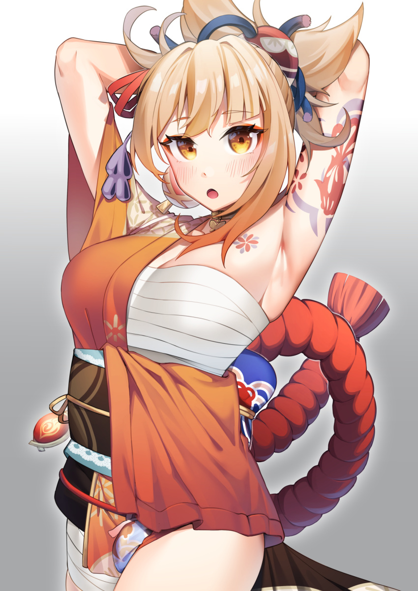 1girl arm_tattoo armpits arms_behind_head arms_up bandages bare_shoulders blonde_hair blush breasts chest_tattoo cowboy_shot esencey genshin_impact highres japanese_clothes kimono looking_at_viewer medium_breasts open_mouth orange_eyes orange_kimono sarashi solo tattoo tied_hair yoimiya_(genshin_impact)