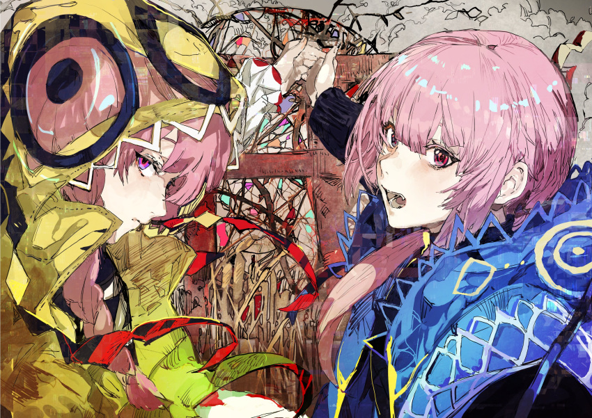 2girls abstract_background braid capelet dual_persona expressionless highres hiranko holding_hands hood hood_down hood_up hooded_capelet interlocked_fingers kaf kamitsubaki_studio long_hair long_sleeves looking_at_viewer multicolored multicolored_eyes multiple_girls open_mouth pink_hair profile see-through side_braid side_ponytail single_braid teeth upper_body virtual_youtuber