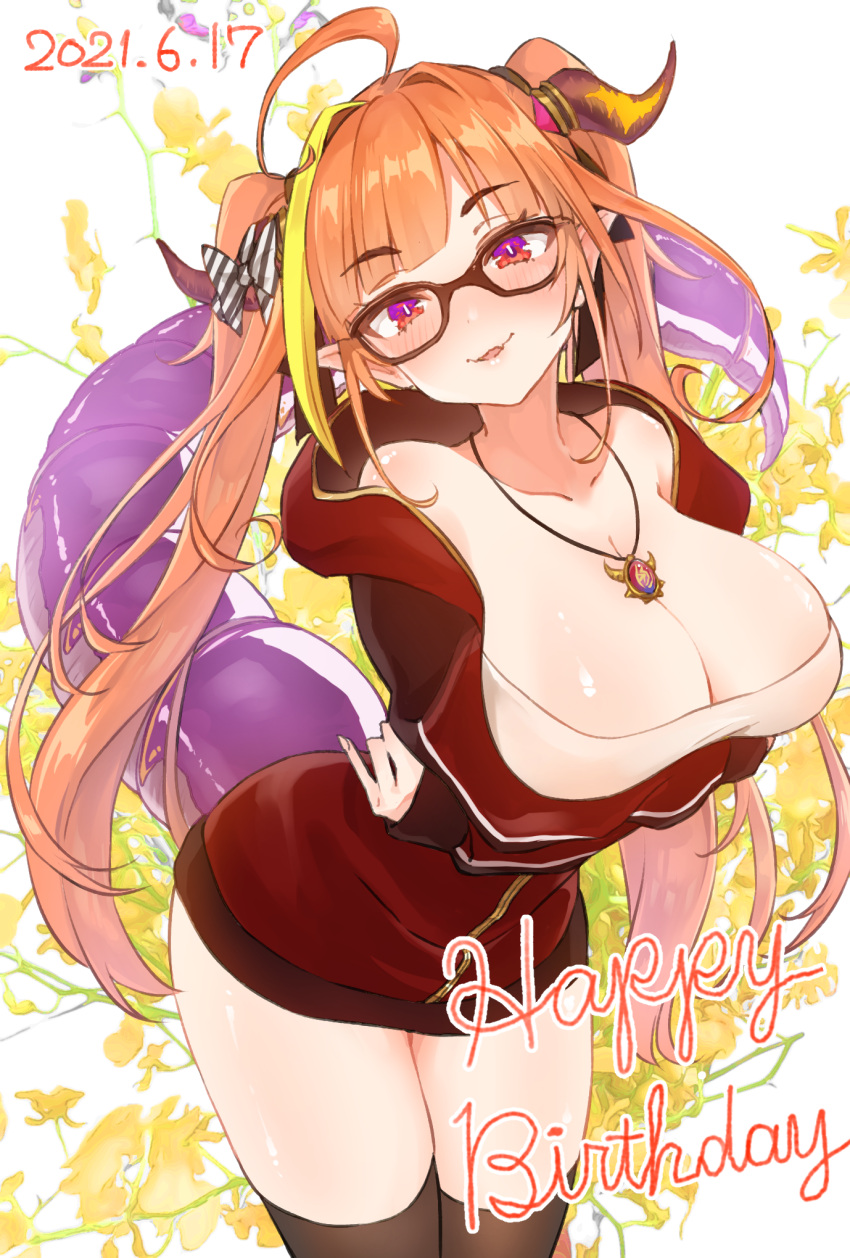 1girl ahoge bangs black_bow black_legwear blonde_hair blush bow breast_hold breasts brooch cleavage collarbone crossed_arms dated dragon_girl dragon_horns dragon_tail eyebrows_visible_through_hair fang glasses hair_bow happy_birthday head_tilt highres hololive horn_bow horns houshou_marine_(artist) jacket jewelry kiryu_coco large_breasts long_hair looking_at_viewer multicolored_hair necklace off_shoulder official_alternate_costume open_clothes open_jacket orange_hair parted_lips pointy_ears red_eyes red_jacket sagging_breasts shirt simple_background skin_fang smile solo streaked_hair tail thighhighs twintails two-tone_hair virtual_youtuber white_background white_shirt