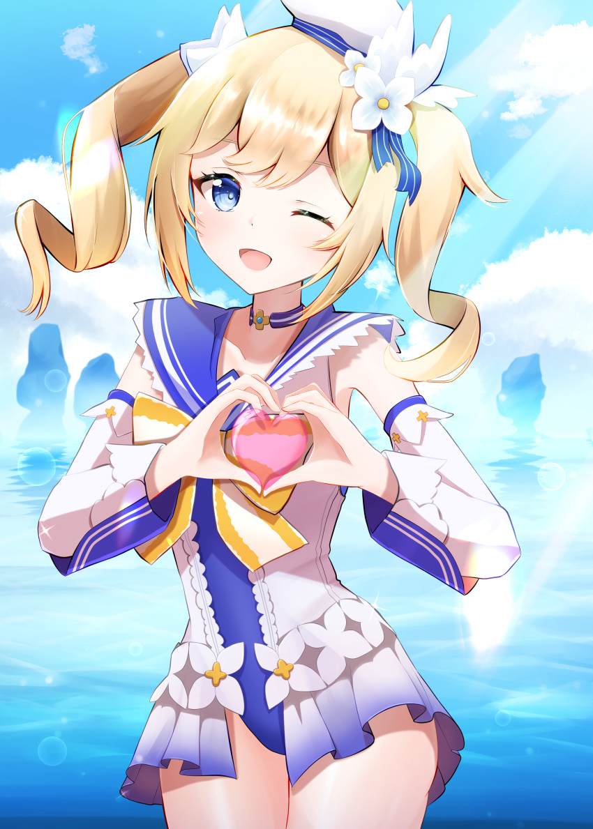 1girl ;d absurdres barbara_pegg bare_shoulders beach blonde_hair blue_eyes blue_sky choker cloud cloudy_sky day dress drill_hair frilled_dress frills genshin_impact hair_ornament happy hat heart heart_hands highres looking_at_viewer mattsi_hbkk ocean one-piece_swimsuit one_eye_closed open_mouth sailor_hat sky smile summer sunlight swimsuit twintails