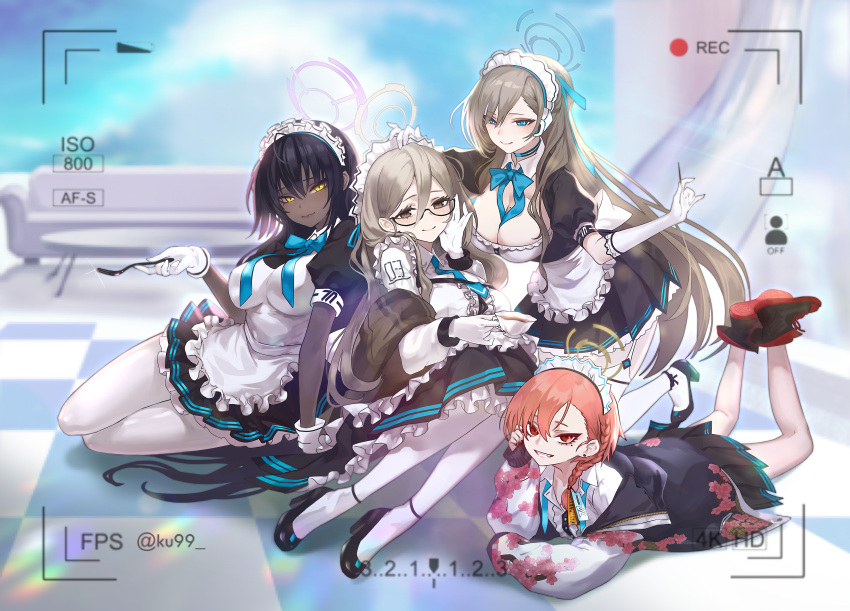 4girls absurdres ahoge akane_(blue_archive) apron asuna_(blue_archive) bangs black_hair blonde_hair blue_archive blue_eyes blush breasts brown_eyes checkered checkered_floor cleavage couch cup dark-skinned_female dark_skin floral_print fork glasses hair_between_eyes halo hand_on_another's_head headset highres holding holding_cup holding_fork holding_needle jacket karin_(blue_archive) kneeling ku99_(kugugu) large_breasts legs_up long_hair looking_at_viewer lying maid maid_apron maid_headdress mary_janes miniskirt mole mole_on_breast mole_under_eye multiple_girls needle neru_(blue_archive) on_stomach outdoors petting recording red_eyes red_hair semi-rimless_eyewear sewing_needle shoes sitting skirt smile sneakers table tag tea under-rim_eyewear viewfinder white_legwear yellow_eyes