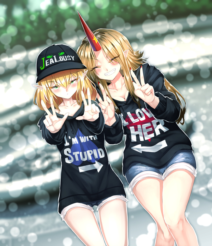 2girls absurdres alternate_costume arrow_(symbol) bangs baseball_cap black_hoodie blonde_hair blue_shorts blush breasts closed_eyes closed_mouth clothes_writing collarbone commentary contemporary double_w dutch_angle english_text eyebrows_visible_through_hair eyes_visible_through_hair feet_out_of_frame green_eyes grin hair_between_eyes hat hat_writing heart heart_print highres hood hoodie horns hoshiguma_yuugi i'm_with_stupid long_hair looking_at_viewer medium_breasts medium_hair mizuhashi_parsee multiple_girls pointy_ears shorts single_horn smile star_(symbol) sunyup touhou w yuri