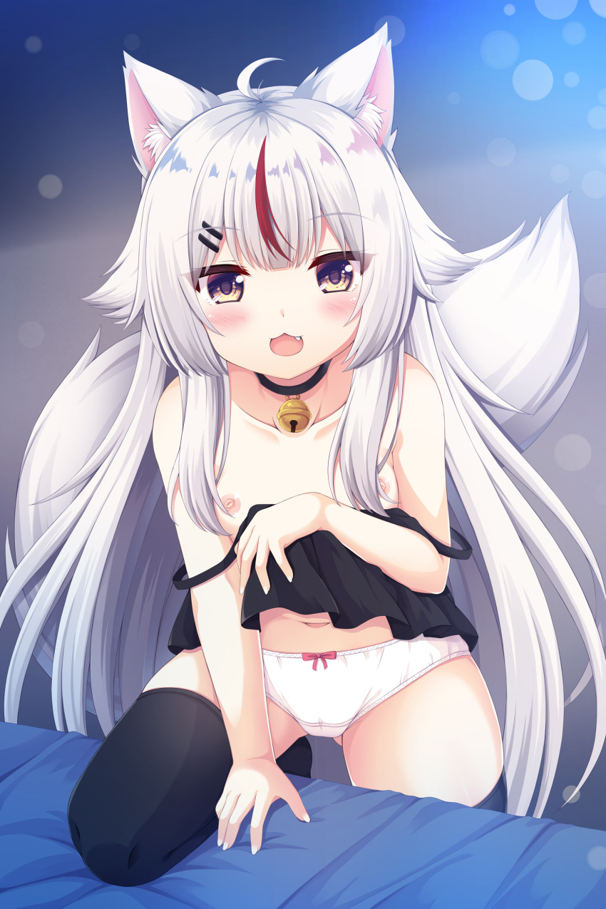 :3 :d absurdres animal_ear_fluff animal_ears bed bell black_legwear camisole camisole_pull choker clothes_down fang fox_ears fox_girl fox_tail highres indie_virtual_youtuber jingle_bell kamiko_kana long_hair multicolored_hair neck_bell nipples open_mouth panties red_hair sakuraba_hikaru_(loveindog) smile streaked_hair tail thighhighs underwear very_long_hair virtual_youtuber white_hair white_panties yellow_eyes