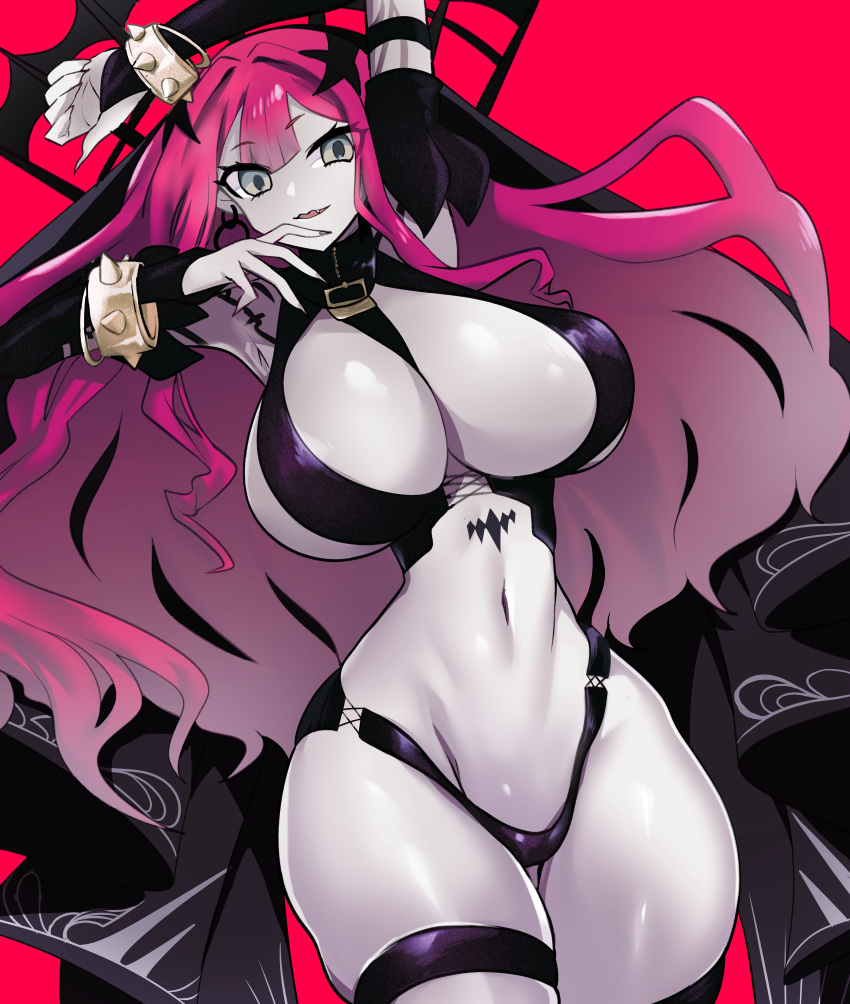 1girl :d absurdres armpits bangs between_breasts black_legwear bracelet breasts cleavage colored_skin detached_sleeves eyebrows_visible_through_hair fang fate/grand_order fate_(series) fingernails grey_eyes grey_skin highres huge_filesize jewelry large_breasts long_hair looking_at_viewer navel open_mouth pink_hair psyche_oreca red_background revealing_clothes sharp_fingernails simple_background smile solo spiked_bracelet spikes thigh_strap thighhighs tristan_(fairy_knight)_(fate)