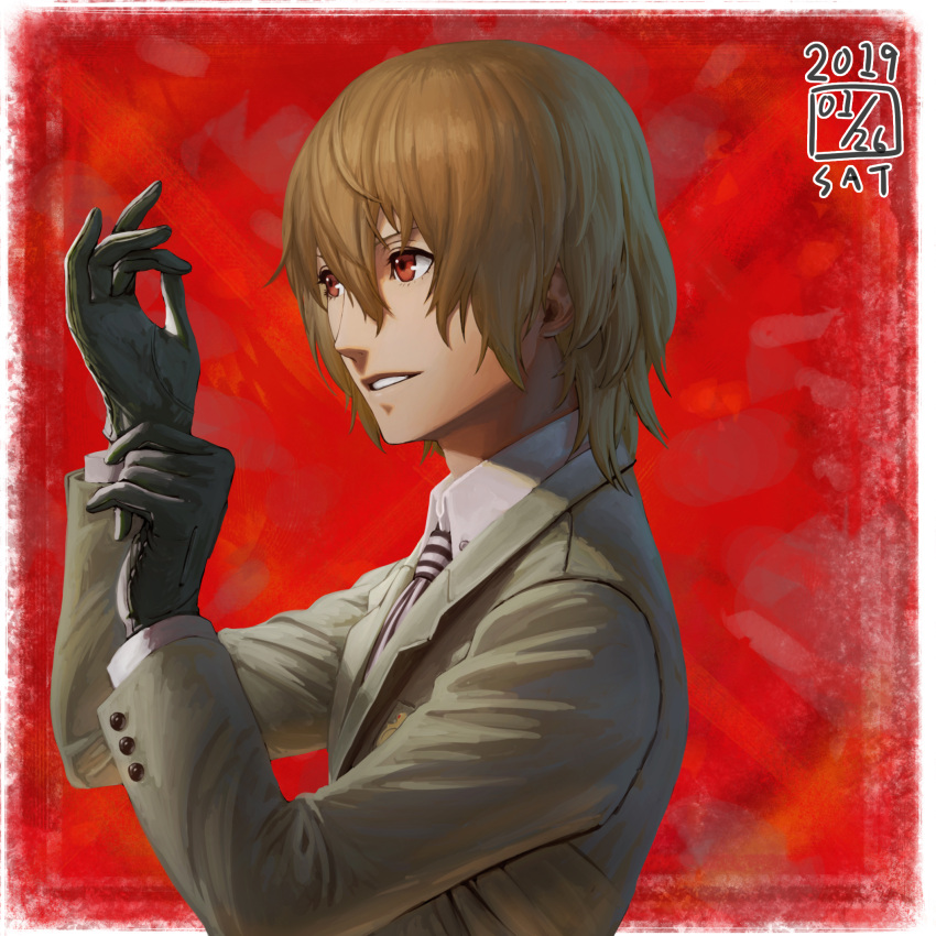 1boy adjusting_clothes adjusting_gloves akechi_gorou bangs black_gloves border brown_hair brown_jacket gloves grin hair_between_eyes highres ikeda_(cpt) jacket long_sleeves male_focus persona persona_5 red_background red_eyes short_hair smile solo white_border