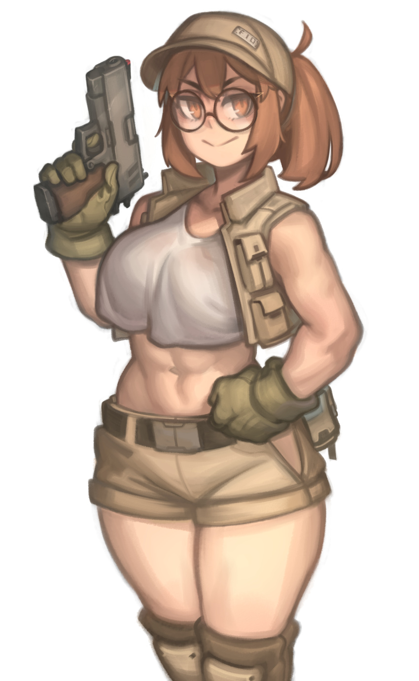 1girl :&gt; abs absurdres ahoge bangs baseball_cap belt belt_pouch black-framed_eyewear breasts brown_eyes brown_hair clenched_hand cowboy_shot crop_top crop_top_overhang crossed_bangs finger_on_trigger fio_germi flak_jacket glasses gloves green_gloves green_shorts gun hand_on_hip handgun hat highres hip_vent holding holding_gun holding_weapon kelvin_hiu knee_pads large_breasts looking_at_viewer medium_hair metal_slug metal_slug_tactics midriff mismatched_eyebrows navel pistol pouch round_eyewear short_ponytail shorts sleeveless solo standing thighs toned weapon white_background