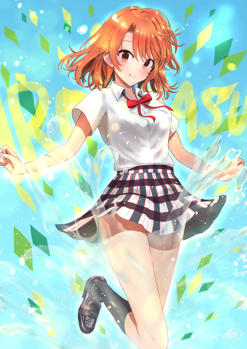 1girl :q black_footwear black_legwear blush closed_mouth collared_shirt dress_shirt highres isshiki_iroha kashiiyou kneehighs long_hair miniskirt neck_ribbon orange_eyes orange_hair plaid plaid_skirt pleated_skirt red_ribbon ribbon school_uniform shiny shiny_hair shirt short_sleeves skirt smile sobu_high_school_uniform solo standing standing_on_one_leg tongue tongue_out white_shirt wing_collar yahari_ore_no_seishun_lovecome_wa_machigatteiru.