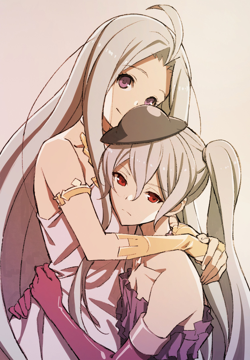 2girls absurdres ahoge armlet bangs bridal_gauntlets collarbone dress elbow_gloves frown gloves granblue_fantasy grey_background grey_headwear hair_between_eyes hair_intakes highres hug k_utao long_hair looking_at_viewer lyria_(granblue_fantasy) multiple_girls orchis purple_eyes red_eyes red_gloves shiny shiny_hair silver_hair simple_background sleeveless sleeveless_dress strapless twintails very_long_hair white_dress