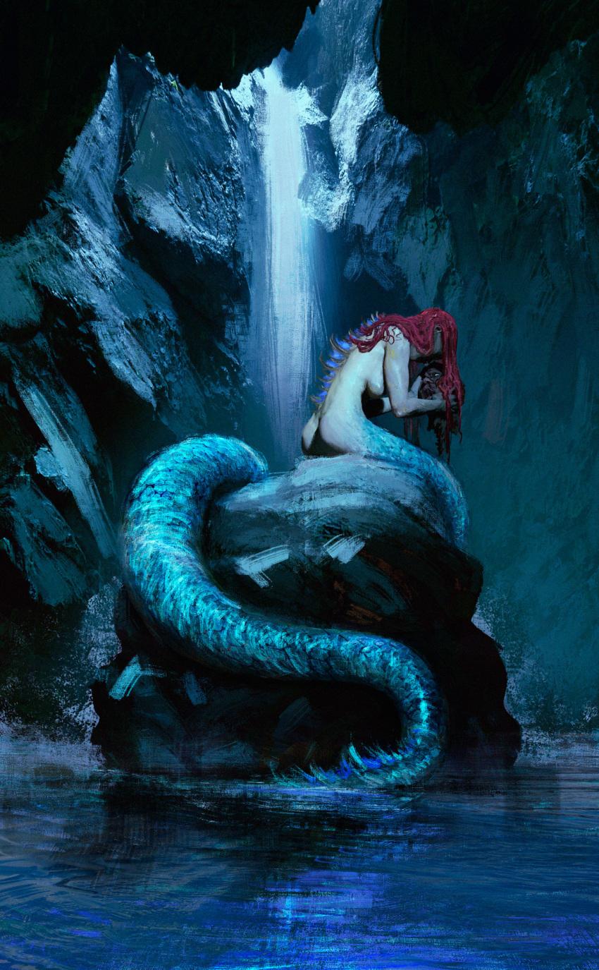 1girl anato_finnstark ass blue_theme breasts cave completely_nude decapitation dorsal_fin fins highres large_breasts long_hair mermaid monster_girl nude original red_hair solo water waterfall