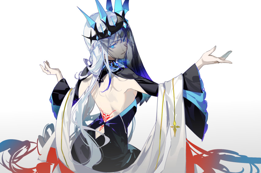 1girl aokiku back_tattoo backless_dress backless_outfit bangs black_veil blue_eyes braid crown dress eyebrows_visible_through_hair facing_away fate/grand_order fate_(series) highres long_hair looking_back morgan_le_fay_(fate) platinum_blonde_hair simple_background solo tattoo two-tone_dress upper_body veil white_background wide_sleeves