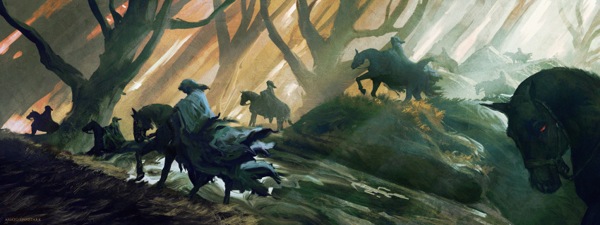 6+boys anato_finnstark artist_name bare_tree cloak commentary english_commentary forest from_side highres horseback_riding legendarium multiple_boys nature nazgul riding the_lord_of_the_rings tree