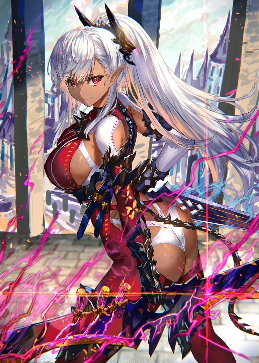 1girl ass bangs breasts closed_mouth dark-skinned_female dark_elf dark_skin dual_wielding elf from_side gauntlets hair_ornament highres holding holding_sword holding_weapon large_breasts long_hair looking_at_viewer original pointy_ears ponytail ran'ou_(tamago_no_kimi) red_eyes smile solo swept_bangs sword weapon white_hair