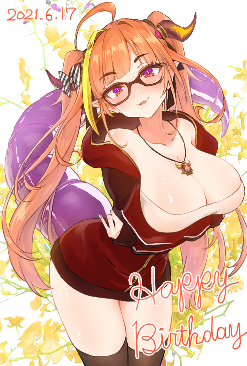 1girl ahoge bangs black_bow black_legwear blonde_hair blush bow breast_hold breasts brooch cleavage collarbone commentary_request crossed_arms dated dragon_girl dragon_horns dragon_tail eyebrows_visible_through_hair fang glasses hair_bow happy_birthday head_tilt highres hololive horn_bow horns houshou_marine_(artist) jacket jewelry kiryu_coco large_breasts long_hair looking_at_viewer multicolored_hair necklace off_shoulder official_alternate_costume open_clothes open_jacket orange_hair parted_lips pointy_ears red_eyes red_jacket sagging_breasts shirt simple_background skin_fang smile solo streaked_hair tail thighhighs twintails two-tone_hair virtual_youtuber white_background white_shirt