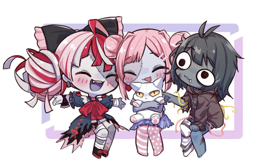 3girls @_@ ^_^ ajisai_eurydice animal bandaged_arm bandaged_leg bandages bangs black_bow black_dress blush bow brown_eyes brown_hoodie cat chibi closed_eyes colored_skin double_bun dress eyebrows_visible_through_hair fang fang_out fangs green_hair grey_hair grey_skin hair_bow hair_ornament hairclip hand_on_own_knee highres holding holding_animal holding_cat hololive hololive_indonesia hood hoodie indie_virtual_youtuber kureiji_ollie multicolored_hair multiple_girls open_hands patchwork_skin poking red_bow red_hair second-party_source short_hair torn_clothes torn_dress trait_connection virtual_youtuber vyolfers zombie zonbko