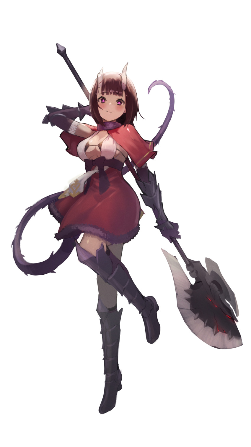 +_+ 1girl absurdres armored_boots axe black_bra black_gloves black_hair blush boots bra breasts broken_horn capelet cleavage commentary_request demon_girl demon_horns dress elbow_gloves eriko_(princess_connect!) fur-trimmed_capelet fur-trimmed_drews fur_trim gauntlets gloves highres holding holding_axe horns knee_boots leg_up princess_connect! purple_tail red_dress short_hair simple_background smile so_ki_chi solo spiked_tail tail underwear white_background white_dress